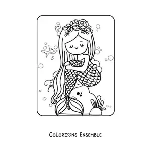 Image à colorier d’une mignonne sirène assise sur un rocher