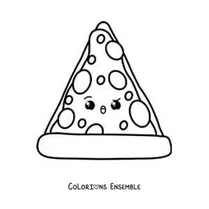 Image à colorier d'une part de pizza animée kawaii