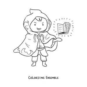 Coloriage d’un sorcier avec une cape et un livre de sorts