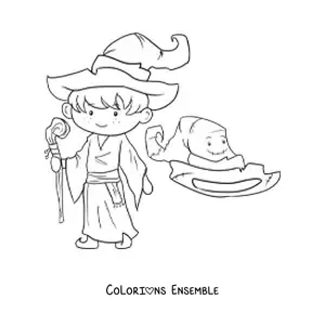 Coloriage d’un sorcier animé avec un chapeau