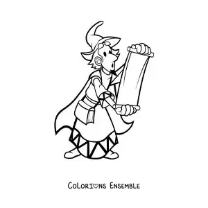 Coloriage d’un sorcier animé lisant un parchemin