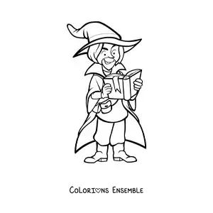 Coloriage d’un sorcier sombre lisant un livre