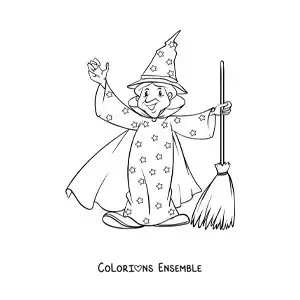 Coloriage d’un sorcier avec une cape et un balai