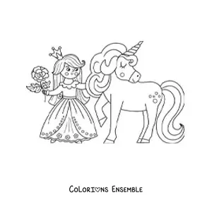 Coloriage d’une princesse kawaii avec une licorne