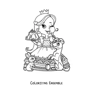 Coloriage d’une princesse kawaii avec un dessert et des animaux