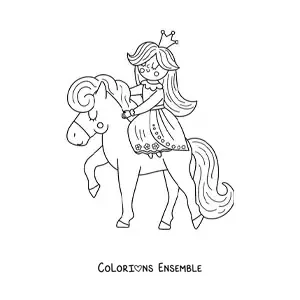 Coloriage d’une princesse kawaii sur un poney
