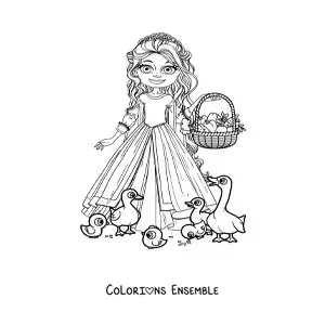 Coloriage d’une princesse animée nourrissant des canards avec un panier de fruits