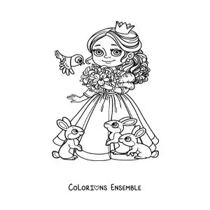 Coloriage d’une princesse kawaii avec ses animaux de compagnie et des fleurs