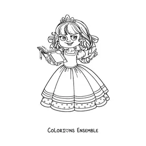Coloriage d’une princesse kawaii lisant un livre