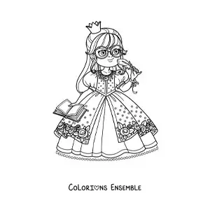Coloriage d’une princesse intellectuelle kawaii avec des lunettes et un livre