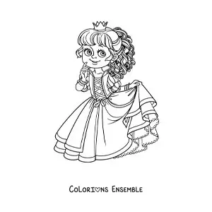 Coloriage d’une princesse kawaii tenant sa robe