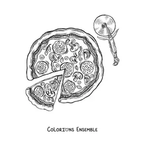 Image à colorier d'une pizza à côté d'une roulette à pizza