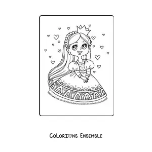 Coloriage d’une princesse kawaii avec des cœurs