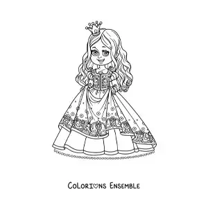 Coloriage d’une princesse kawaii tenant sa belle robe