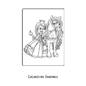 Coloriage d’une princesse kawaii avec une pomme et un poney