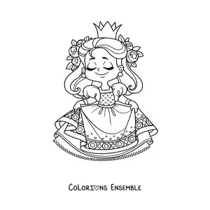 Coloriage d’une princesse kawaii avec des fleurs tenant sa robe