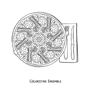 Image à colorier d'une pizza servie à côté de couverts