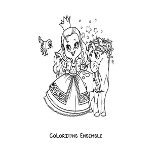 Coloriage d’une princesse kawaii avec une licorne et un oiseau