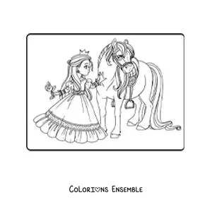 Coloriage d'une princesse avec une rose et un destrier