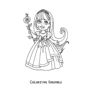 Coloriage d’une petite fille princesse avec une rose