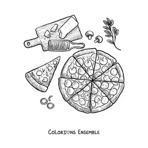 Image à colorier d'une pizza à côté de ses ingrédients