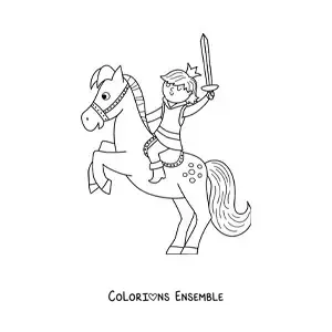 Coloriage d’un prince kawaii à cheval avec une épée