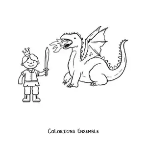 Coloriage d’un prince à l’épée vainquant un dragon