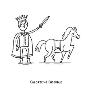 Coloriage d'un drôle de prince médiéval en dessin animé avec son destrier