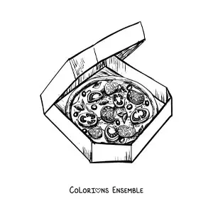 Image à colorier d'une pizza dans une boîte à pizza