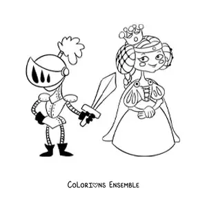 Coloriage d’un dessin animé d’un prince en armure sauvant une princesse
