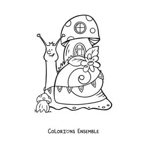 Coloriage d’un escargot animé et d’une maison de la forêt enchantée