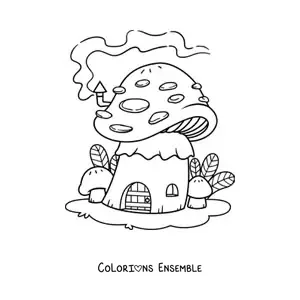 Coloriage d’une maison en forme de champignon dans la forêt enchantée