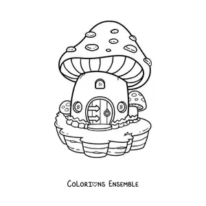 Coloriage d’une maison en forme de champignon dans la forêt enchantée