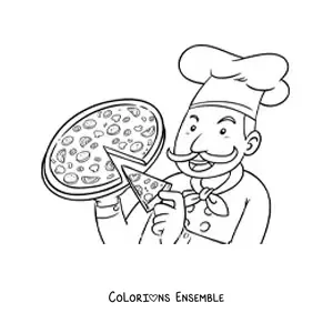 Image à colorier d'un chef avec une pizza qui en retire une part