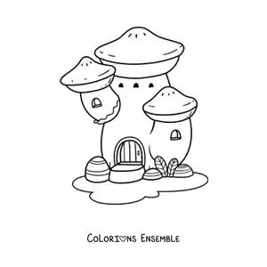 Coloriage d’une maison en forme de champignon dans la forêt enchantée