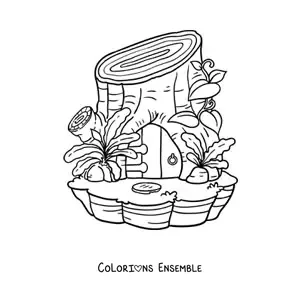 Coloriage d’une maison en forme de tronc dans la forêt enchantée
