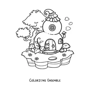 Coloriage d’une maison en forme de citrouille dans la forêt enchantée