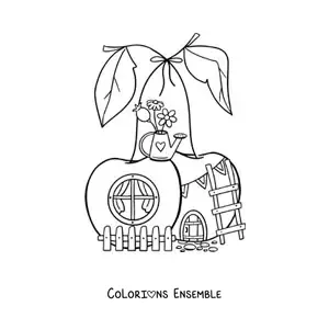 Coloriage d’une maison en forme de cerises dans la forêt enchantée