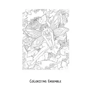 Coloriage d’une fée réaliste avec des fleurs assise dans la forêt enchantée