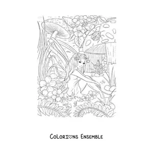 Coloriage d’une fée réaliste avec des fleurs et des champignons assise dans la forêt enchantée