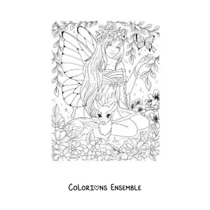 Coloriage d’une fée réaliste avec un papillon et un cerf assise dans la forêt enchantée