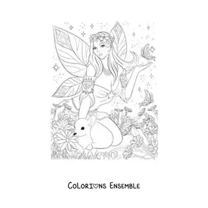 Coloriage d’une belle fée réaliste avec un papillon et un cerf assise dans la forêt enchantée