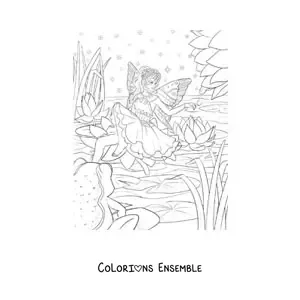 Coloriage d’une belle fée de l’eau sur un lac dans la forêt enchantée