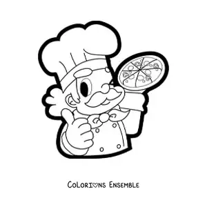 Image à colorier d'un chef avec une pizza dans une main