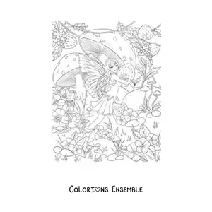Coloriage d’une belle fée réaliste avec des fraises et des champignons dans un jardin magique
