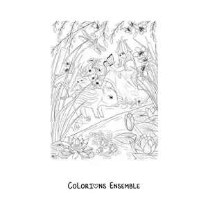 Coloriage d’une belle fée des animaux assise dans un jardin magique avec un papillon et un tapir