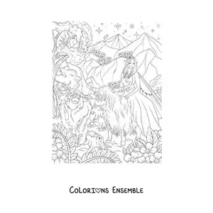 Coloriage d’une belle fée des animaux assise sur un bœuf dans la forêt enchantée