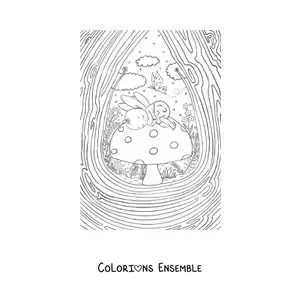 Coloriage d’un bébé fée dormant sur un champignon dans un jardin magique