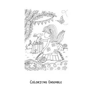 Coloriage d’une petite fille fée en pique-nique avec un lapin dans un jardin magique
