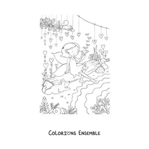 Coloriage d’une petite fille fée avec des animaux dans la forêt enchantée